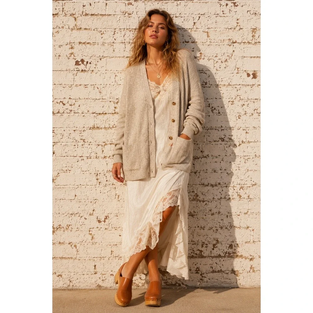 Vintage Lord Jeff Beige Cotton Jute Knit Cardigan Grandpa Sweater Oversized L